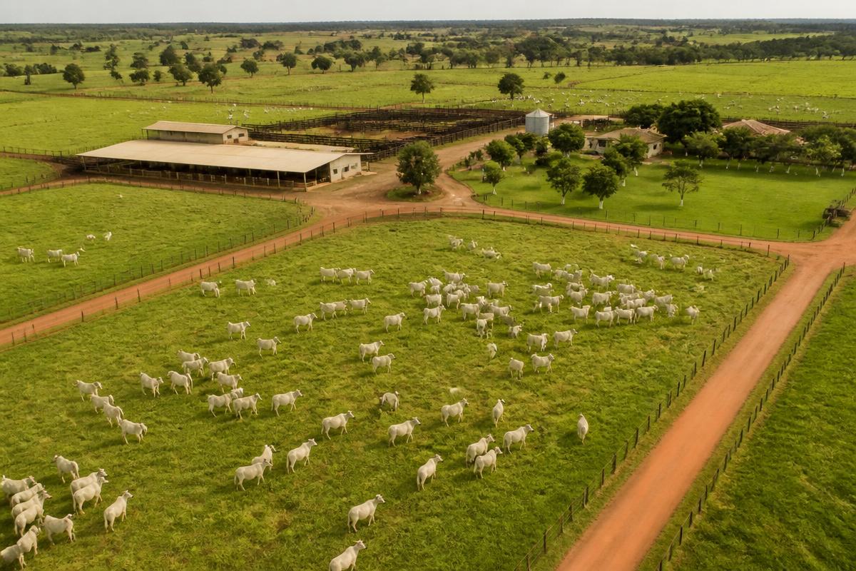 Vista aérea da Fazenda Boa Nova com pastagens e instalações rurais