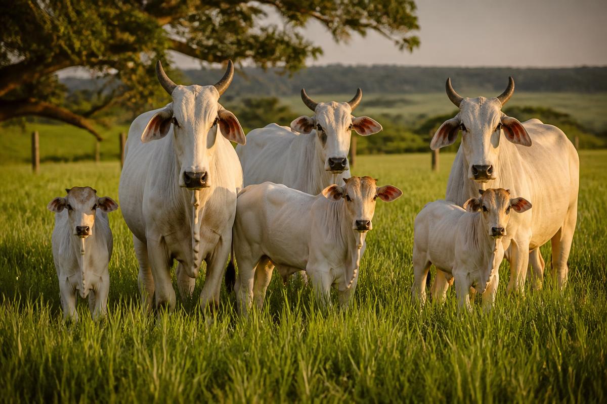 Matrizes Nelore com bezerros em pastagem verde da Fazenda Boa Nova
