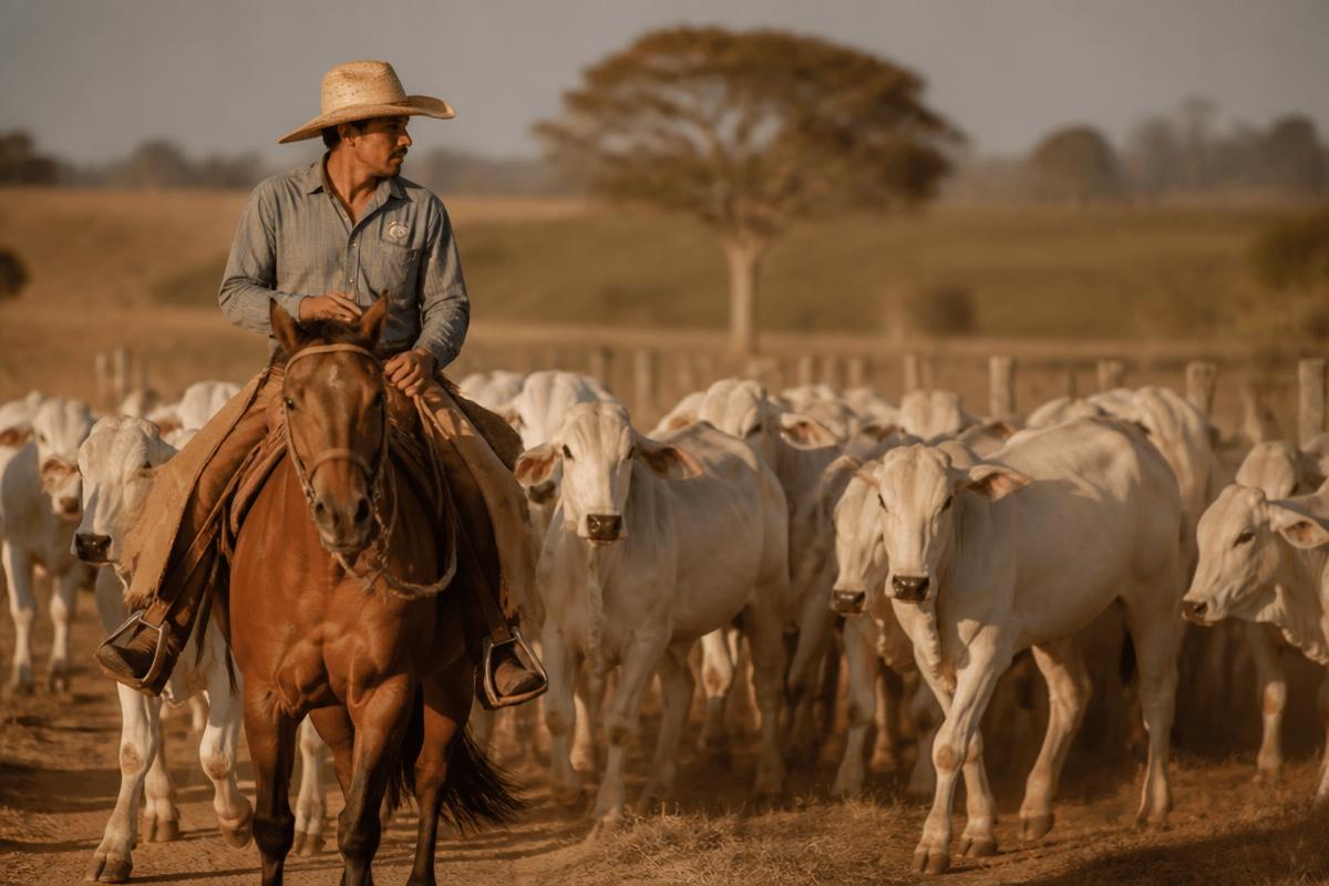 Peão a cavalo conduzindo rebanho Nelore em estrada de terra